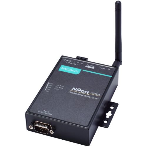 NPort W2150A-EU | 1 port RS232/422/485 wireless device server with 802.11a/b/g WLAN (includes US/Euro/Japan bands), antenna, 0 to 55°C operating temperature, includes power adapter
